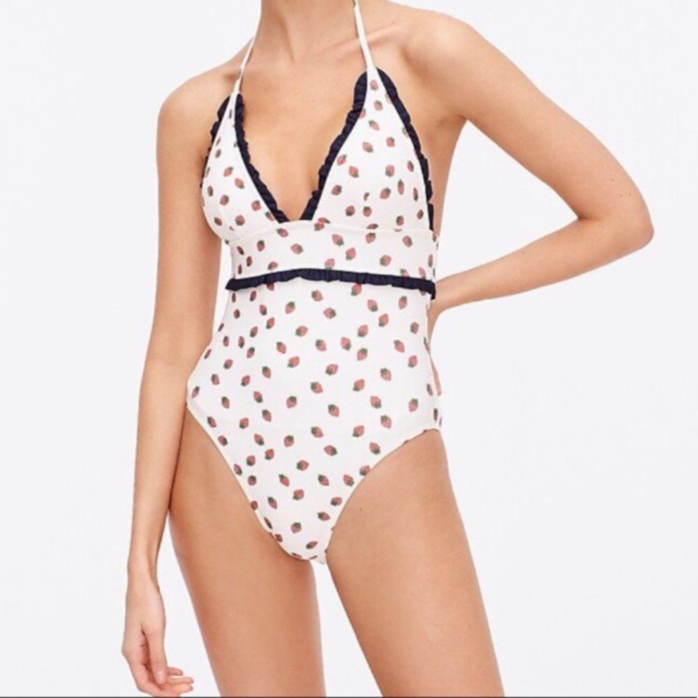 J.Crew V-Neck Halter One Piece Swimsuit in Strawberry Print Size 8 NEW